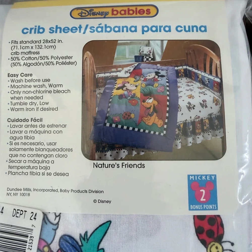 2- VIntage Disney Babies Crib Sheets Kids‎ Mickey Minnie Natures Friends USA 90s